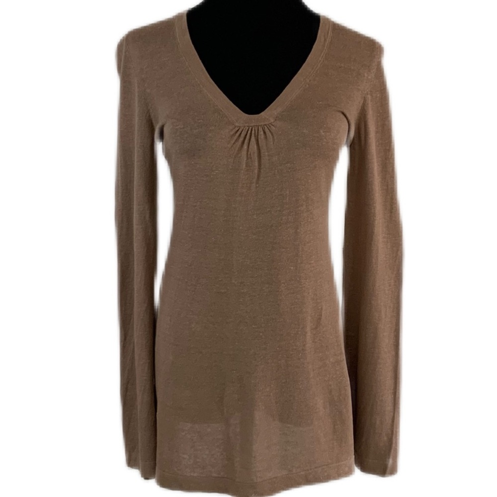 Trina Turk Long Bell Sleeved Linen Blend Taupe Tunic Taupe V Neck Small